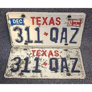 Vintage 1990'S Texas Red White Blue License Plate Pair Antique Vintage 311 QAZ